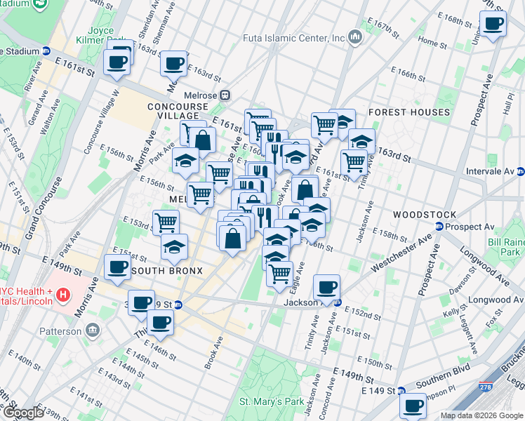 map of restaurants, bars, coffee shops, grocery stores, and more near 3077 3rd Avenue in Bronx