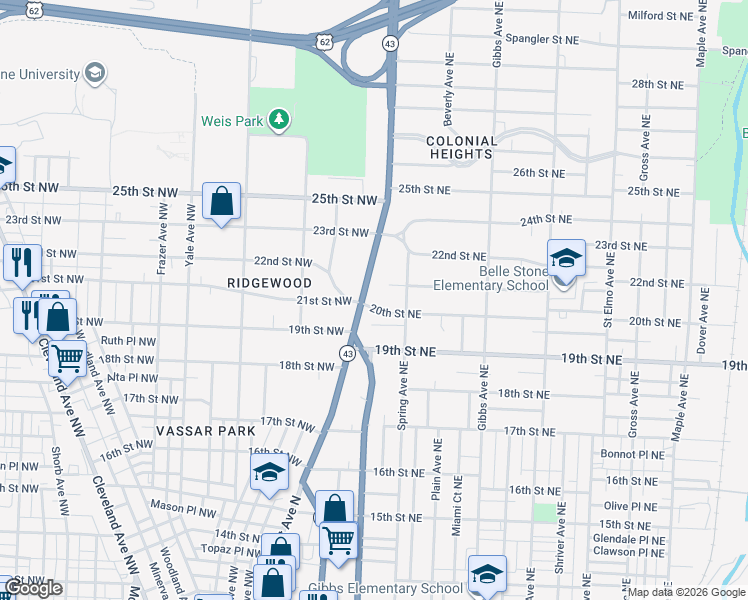 map of restaurants, bars, coffee shops, grocery stores, and more near 2110 Market Avenue North in Canton
