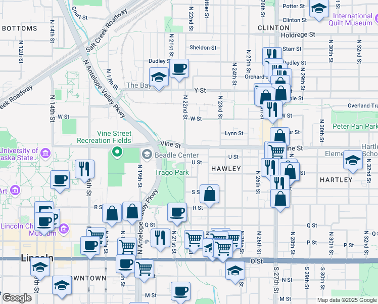 map of restaurants, bars, coffee shops, grocery stores, and more near 2203 Vine Street in Lincoln