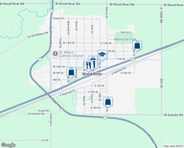 map of restaurants, bars, coffee shops, grocery stores, and more near in Wood River