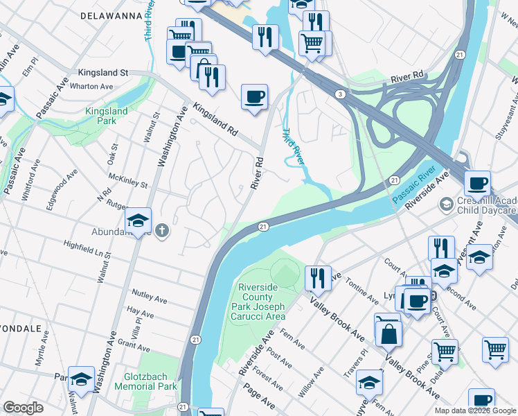 map of restaurants, bars, coffee shops, grocery stores, and more near 458 River Road in Nutley