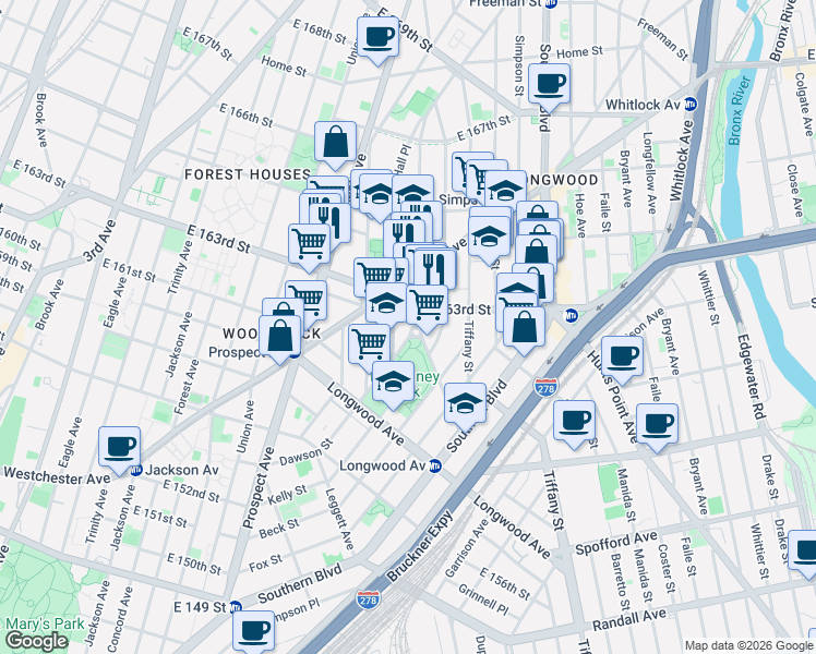 map of restaurants, bars, coffee shops, grocery stores, and more near 915 Dawson Street in Bronx