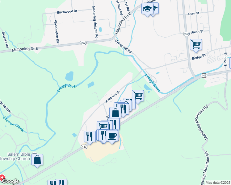 map of restaurants, bars, coffee shops, grocery stores, and more near 244 Ashtown Drive in Lehighton