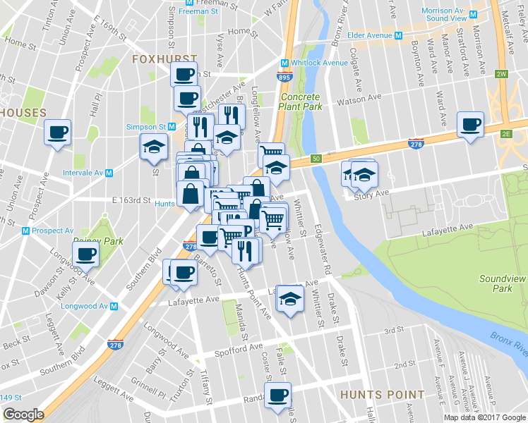 map of restaurants, bars, coffee shops, grocery stores, and more near 919 Bryant Avenue in Bronx
