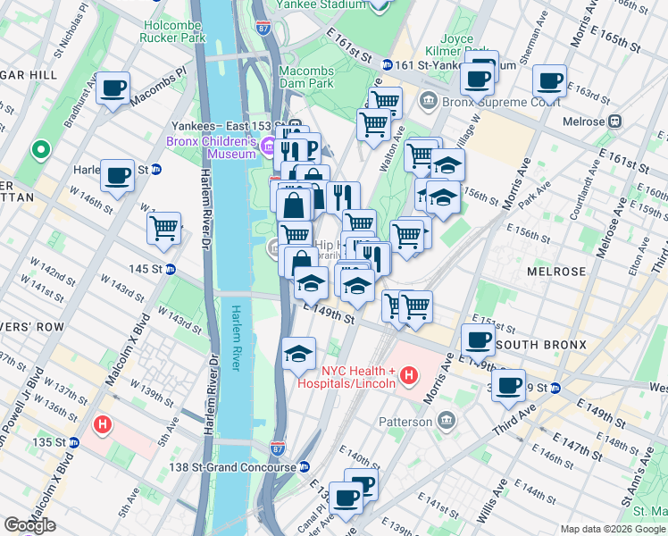 map of restaurants, bars, coffee shops, grocery stores, and more near 580 Gerard Avenue in The Bronx