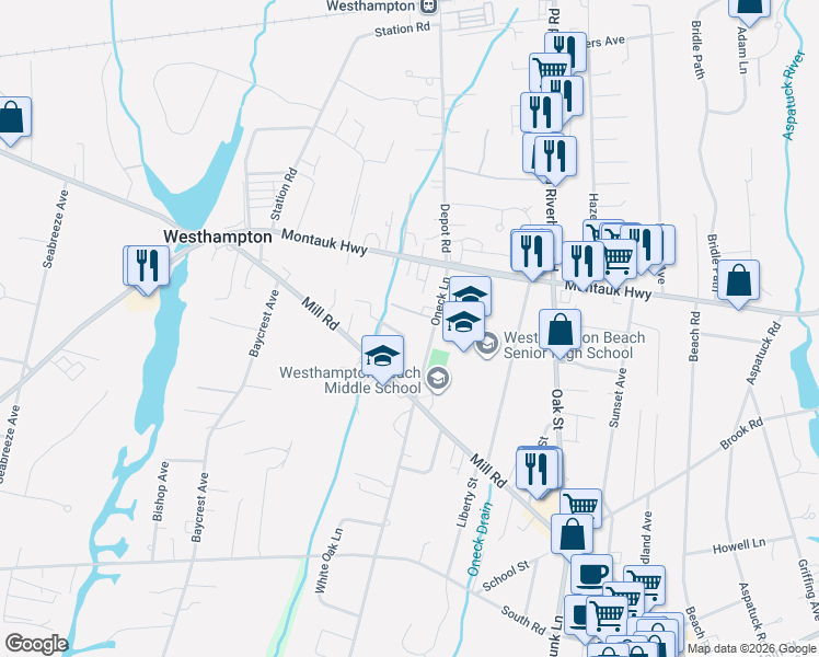 map of restaurants, bars, coffee shops, grocery stores, and more near 1 Arthur Street in Westhampton