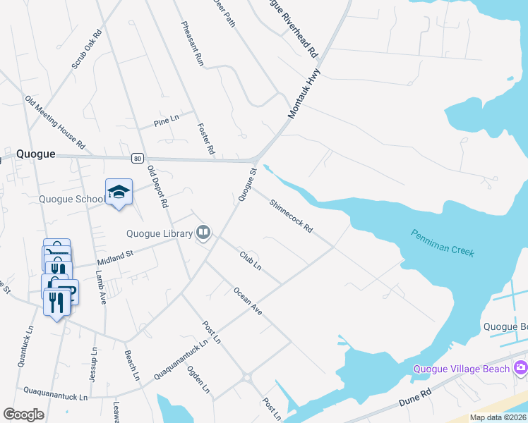 map of restaurants, bars, coffee shops, grocery stores, and more near 8 Shinnecock Road in Quogue