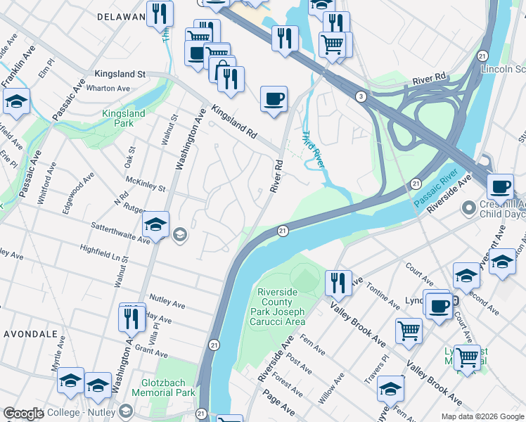 map of restaurants, bars, coffee shops, grocery stores, and more near 581 Brittany Circle in Nutley