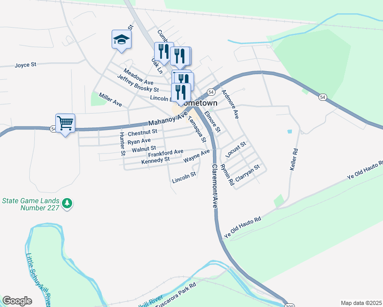 map of restaurants, bars, coffee shops, grocery stores, and more near 12 Wayne Avenue in Tamaqua
