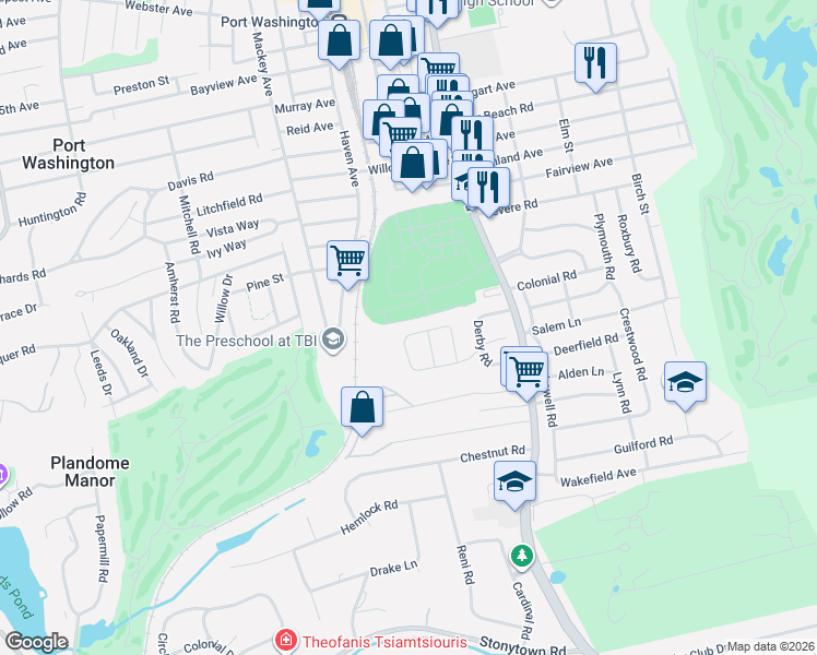map of restaurants, bars, coffee shops, grocery stores, and more near 65 Essex Court in Port Washington