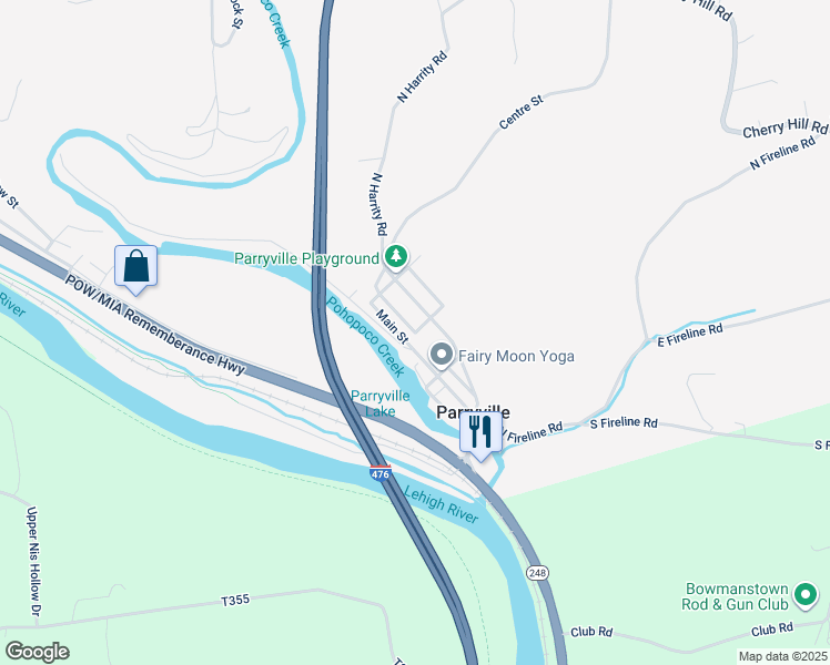 map of restaurants, bars, coffee shops, grocery stores, and more near Peach Alley in Palmerton