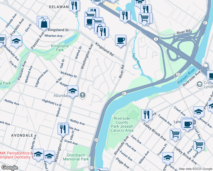 map of restaurants, bars, coffee shops, grocery stores, and more near 130 Stratford Drive in Nutley