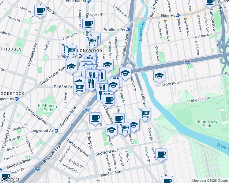 map of restaurants, bars, coffee shops, grocery stores, and more near Faile St & Garrison Ave in Bronx