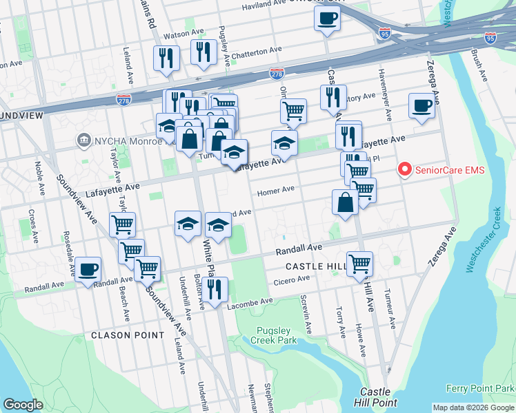 map of restaurants, bars, coffee shops, grocery stores, and more near 2008 Homer Avenue in Bronx