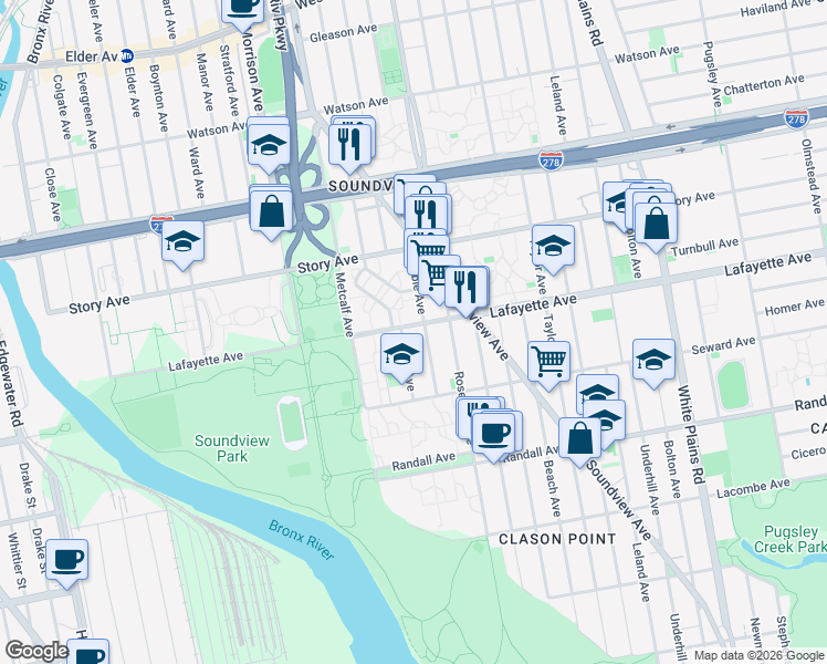 map of restaurants, bars, coffee shops, grocery stores, and more near 805A Noble Avenue in Bronx