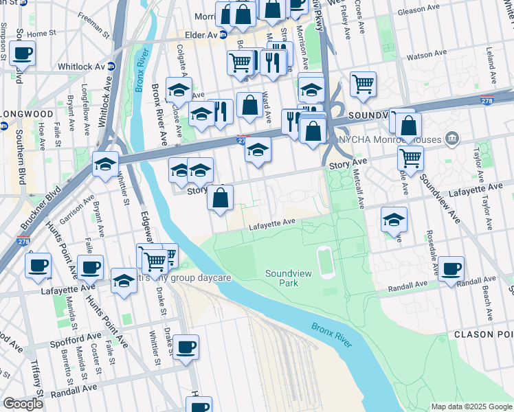 map of restaurants, bars, coffee shops, grocery stores, and more near 875 Boynton Avenue in Bronx