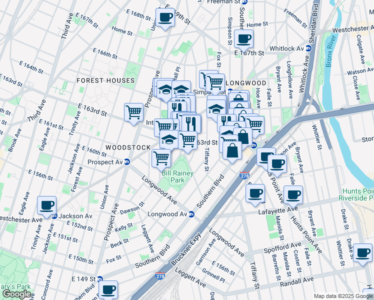 map of restaurants, bars, coffee shops, grocery stores, and more near 949e Kelly Street in Bronx