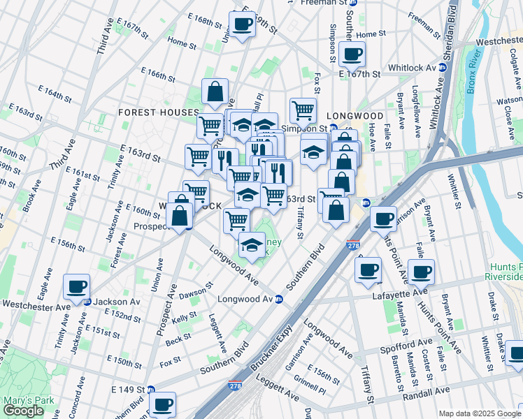 map of restaurants, bars, coffee shops, grocery stores, and more near 919e East 163rd Street in Bronx