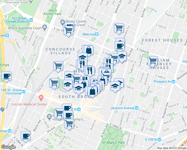 map of restaurants, bars, coffee shops, grocery stores, and more near 760 Melrose Avenue in The Bronx