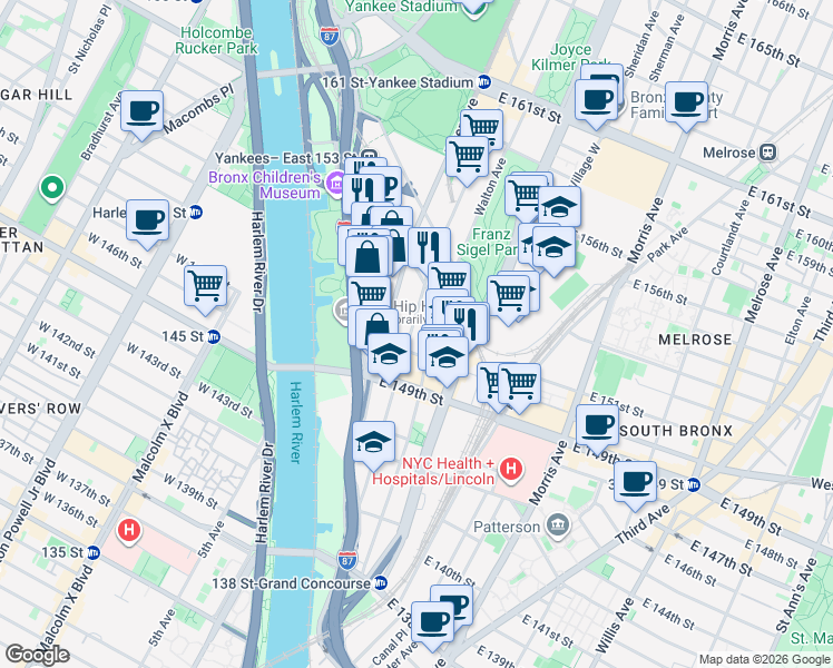 map of restaurants, bars, coffee shops, grocery stores, and more near 590 River Avenue in The Bronx
