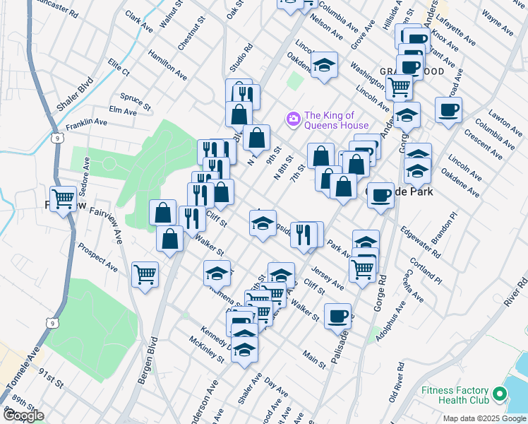 map of restaurants, bars, coffee shops, grocery stores, and more near 452A Park Avenue in Fairview
