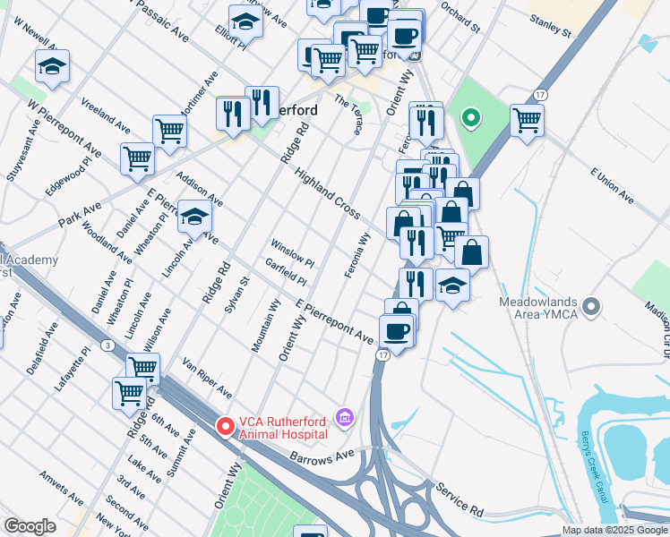 map of restaurants, bars, coffee shops, grocery stores, and more near 199 Orient Way in Rutherford