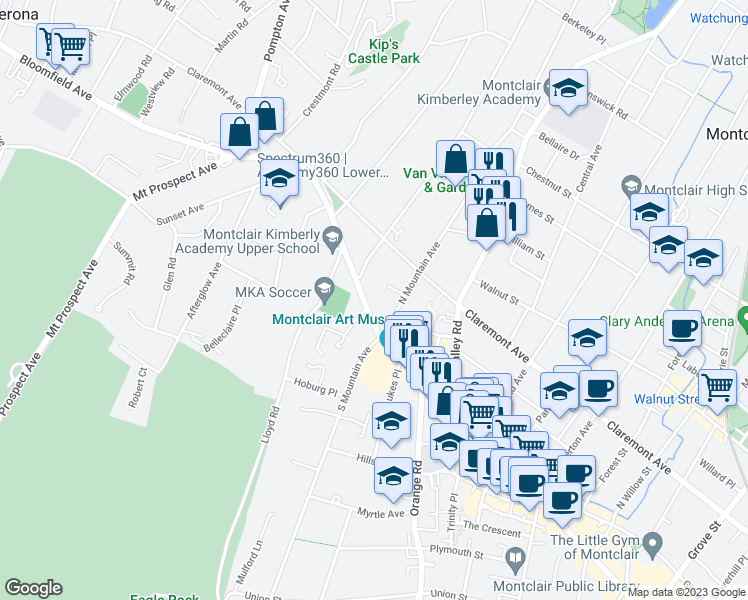 map of restaurants, bars, coffee shops, grocery stores, and more near 8 Highmont Terrace in Montclair