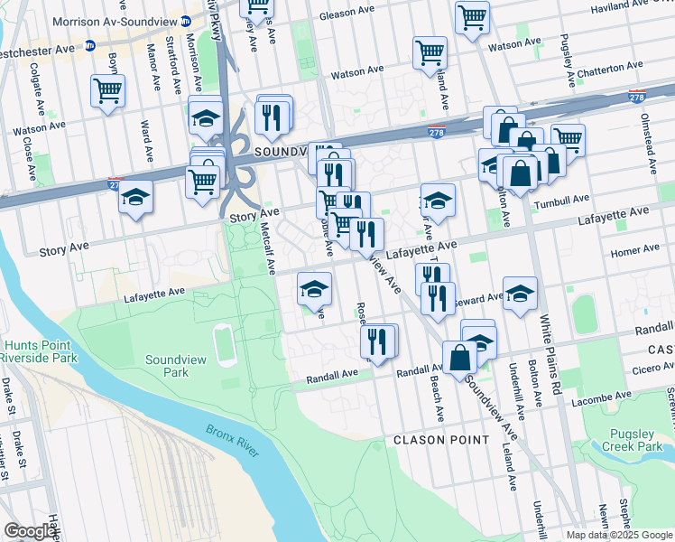 map of restaurants, bars, coffee shops, grocery stores, and more near 805A Noble Avenue in Bronx
