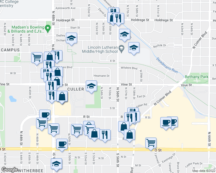 map of restaurants, bars, coffee shops, grocery stores, and more near 5435 Vine Street in Lincoln