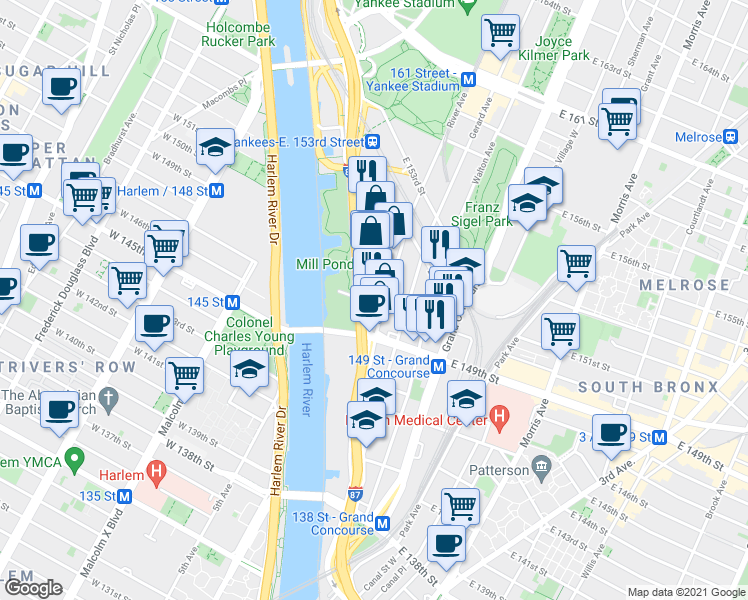 map of restaurants, bars, coffee shops, grocery stores, and more near 610 Exterior Street in Bronx