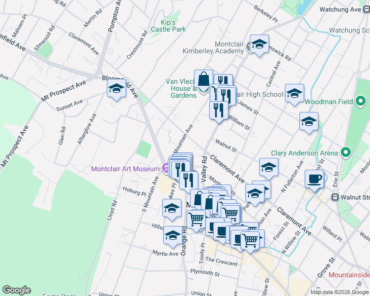 map of restaurants, bars, coffee shops, grocery stores, and more near 27 North Mountain Avenue in Montclair