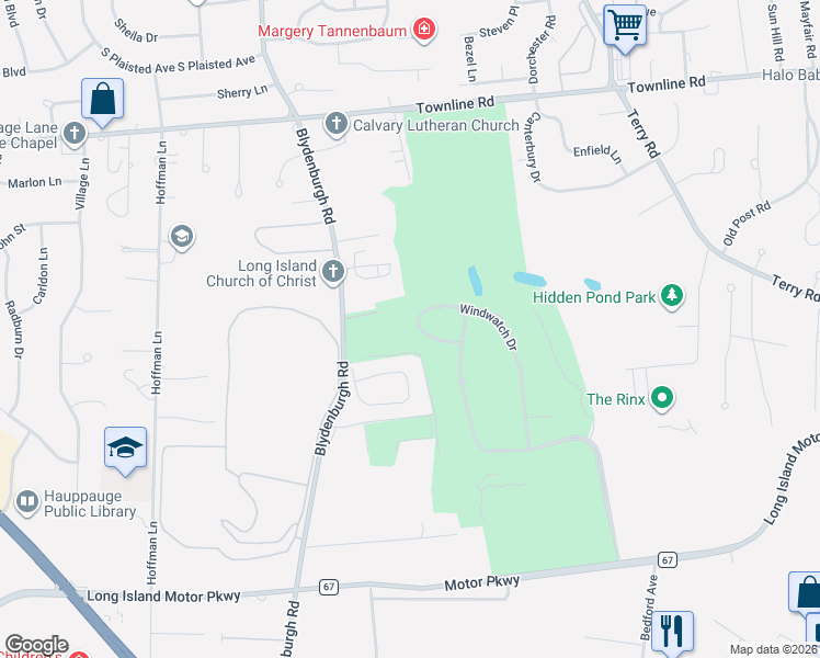 map of restaurants, bars, coffee shops, grocery stores, and more near 51 Windwatch Drive in Hauppauge