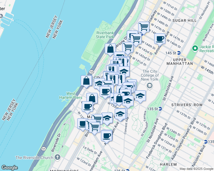 map of restaurants, bars, coffee shops, grocery stores, and more near 609 West 135th Street in New York