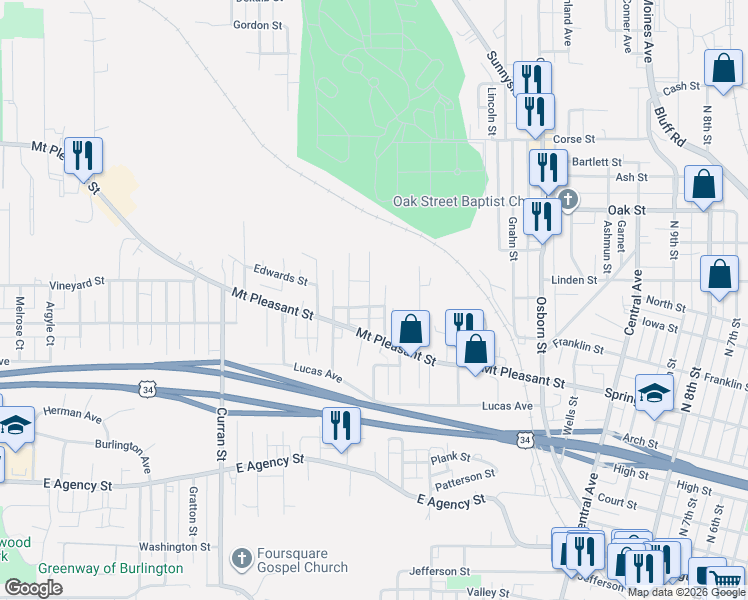 map of restaurants, bars, coffee shops, grocery stores, and more near 1221 Caroline Street in Burlington