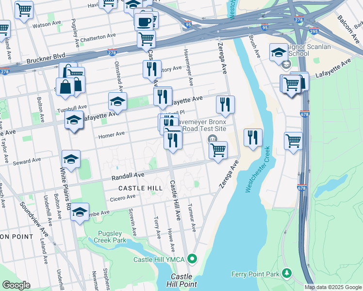 map of restaurants, bars, coffee shops, grocery stores, and more near Cincinnatus Avenue in The Bronx