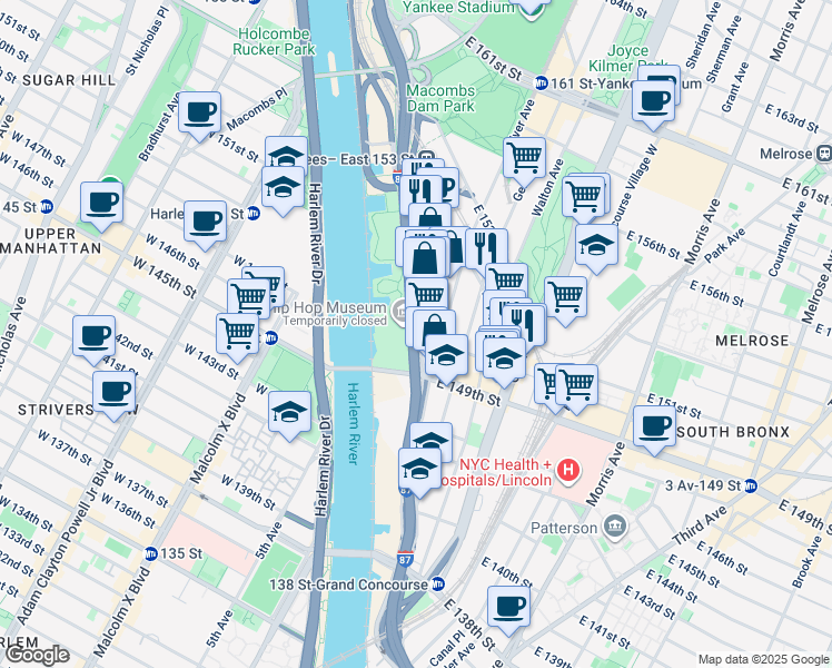 map of restaurants, bars, coffee shops, grocery stores, and more near 1 East 150th Street in The Bronx