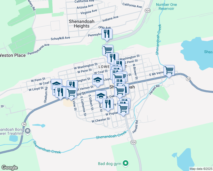 map of restaurants, bars, coffee shops, grocery stores, and more near 11 North West Street in Shenandoah