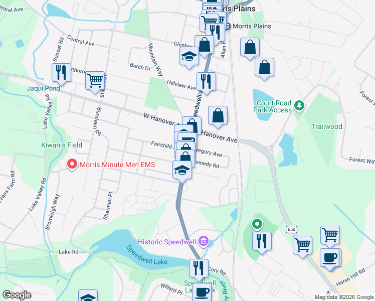map of restaurants, bars, coffee shops, grocery stores, and more near Speedwell Avenue & Fairchild Avenue in Morris Plains