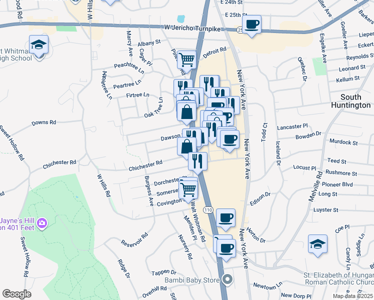 map of restaurants, bars, coffee shops, grocery stores, and more near 3 Livingston Street in Huntington Station