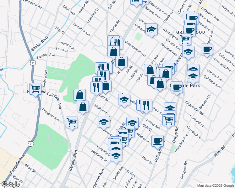 map of restaurants, bars, coffee shops, grocery stores, and more near 452A Park Avenue in Fairview