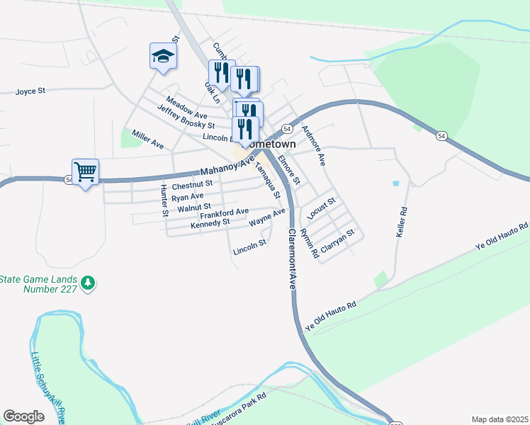map of restaurants, bars, coffee shops, grocery stores, and more near 17 Frankford Avenue in Tamaqua