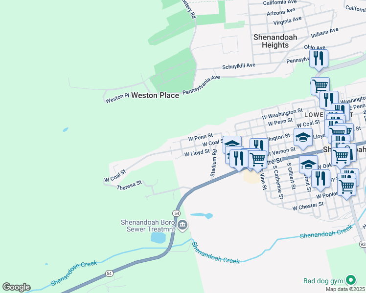 map of restaurants, bars, coffee shops, grocery stores, and more near 1015 West Coal Street in Shenandoah