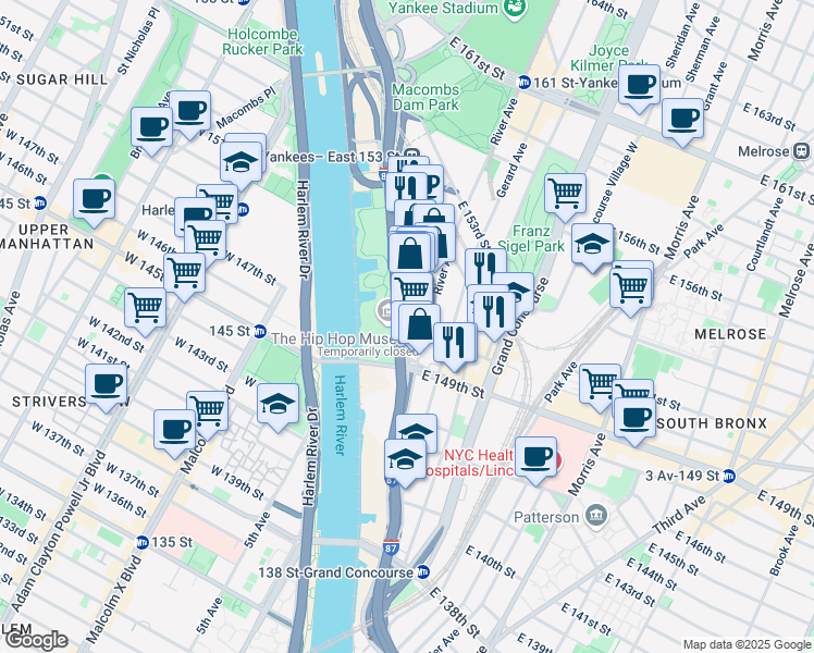 map of restaurants, bars, coffee shops, grocery stores, and more near 1 East 150th Street in The Bronx