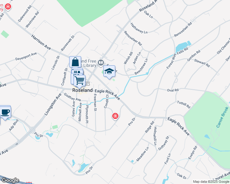 map of restaurants, bars, coffee shops, grocery stores, and more near 126 Eagle Rock Avenue in Roseland