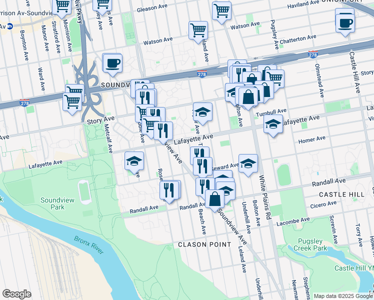 map of restaurants, bars, coffee shops, grocery stores, and more near 744 Saint Lawrence Avenue in Bronx