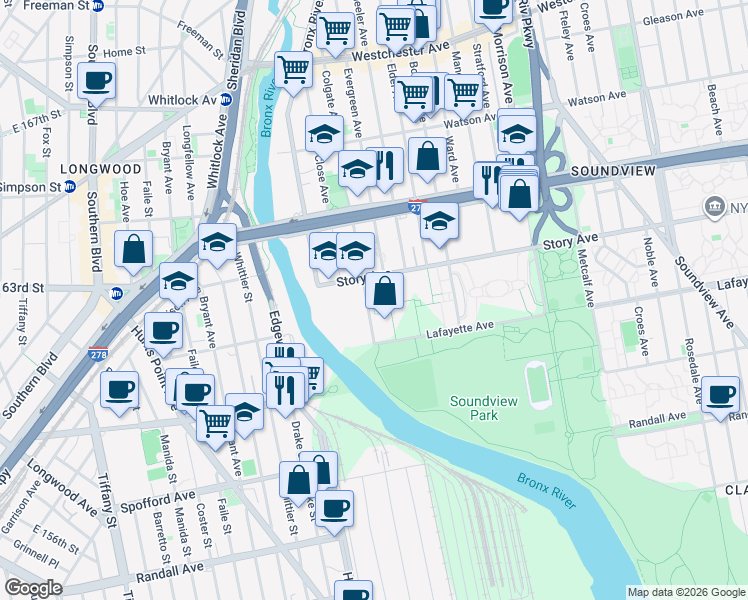 map of restaurants, bars, coffee shops, grocery stores, and more near 880 Colgate Avenue in Bronx