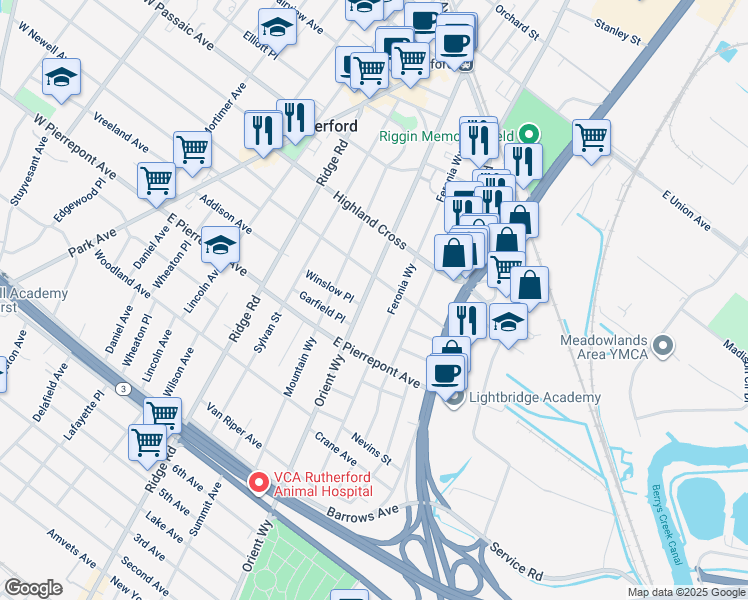 map of restaurants, bars, coffee shops, grocery stores, and more near 199 Orient Way in Rutherford