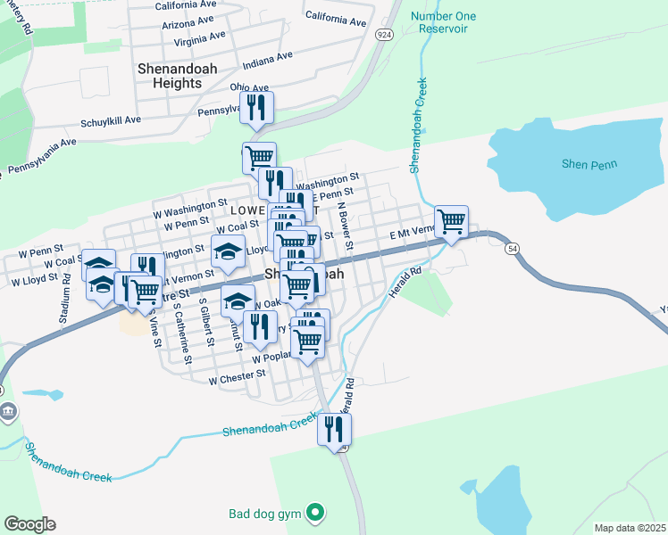 map of restaurants, bars, coffee shops, grocery stores, and more near 110 East Centre Street in Shenandoah