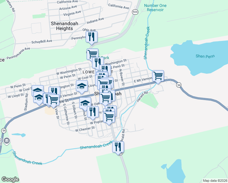 map of restaurants, bars, coffee shops, grocery stores, and more near 11 South White Street in Shenandoah
