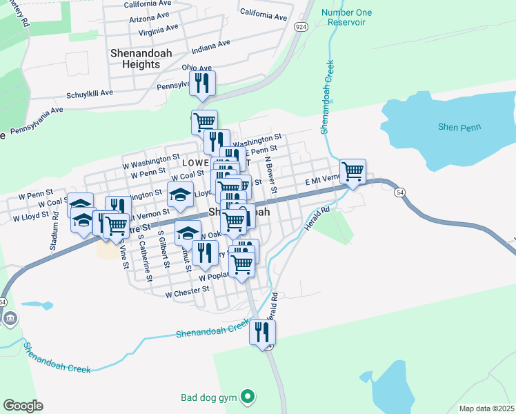 map of restaurants, bars, coffee shops, grocery stores, and more near 3 South White Street in Shenandoah